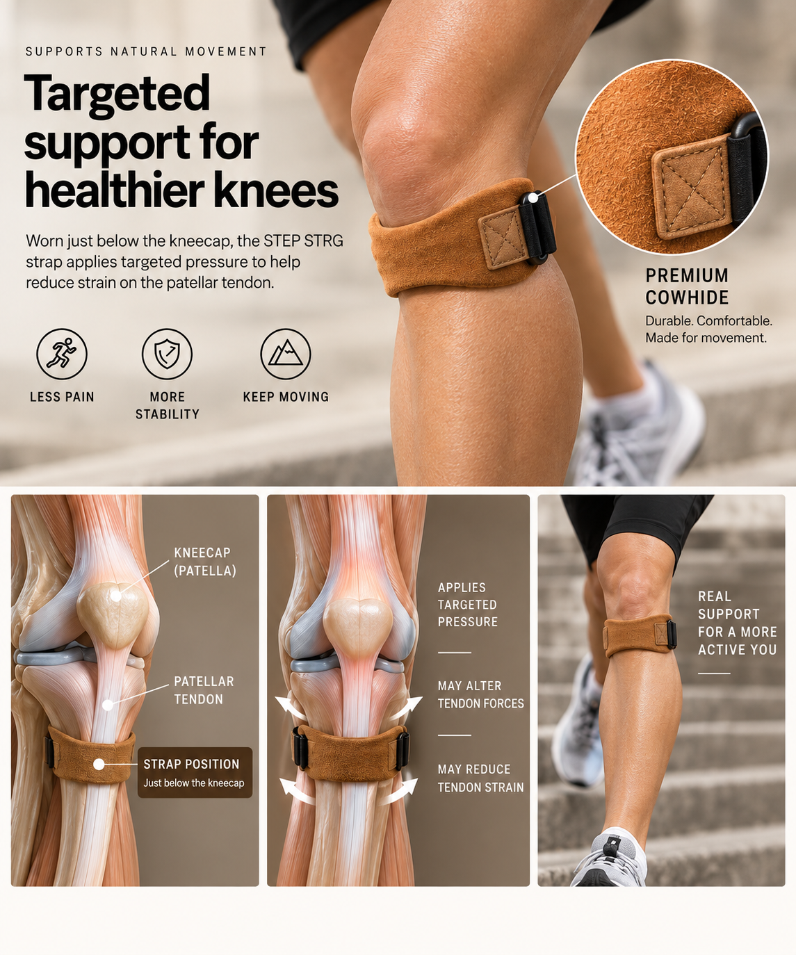 STEP STRG patella knee support strap infographic explaining patellar tendon support research and how a strap worn below the kneecap may reduce tendon strain