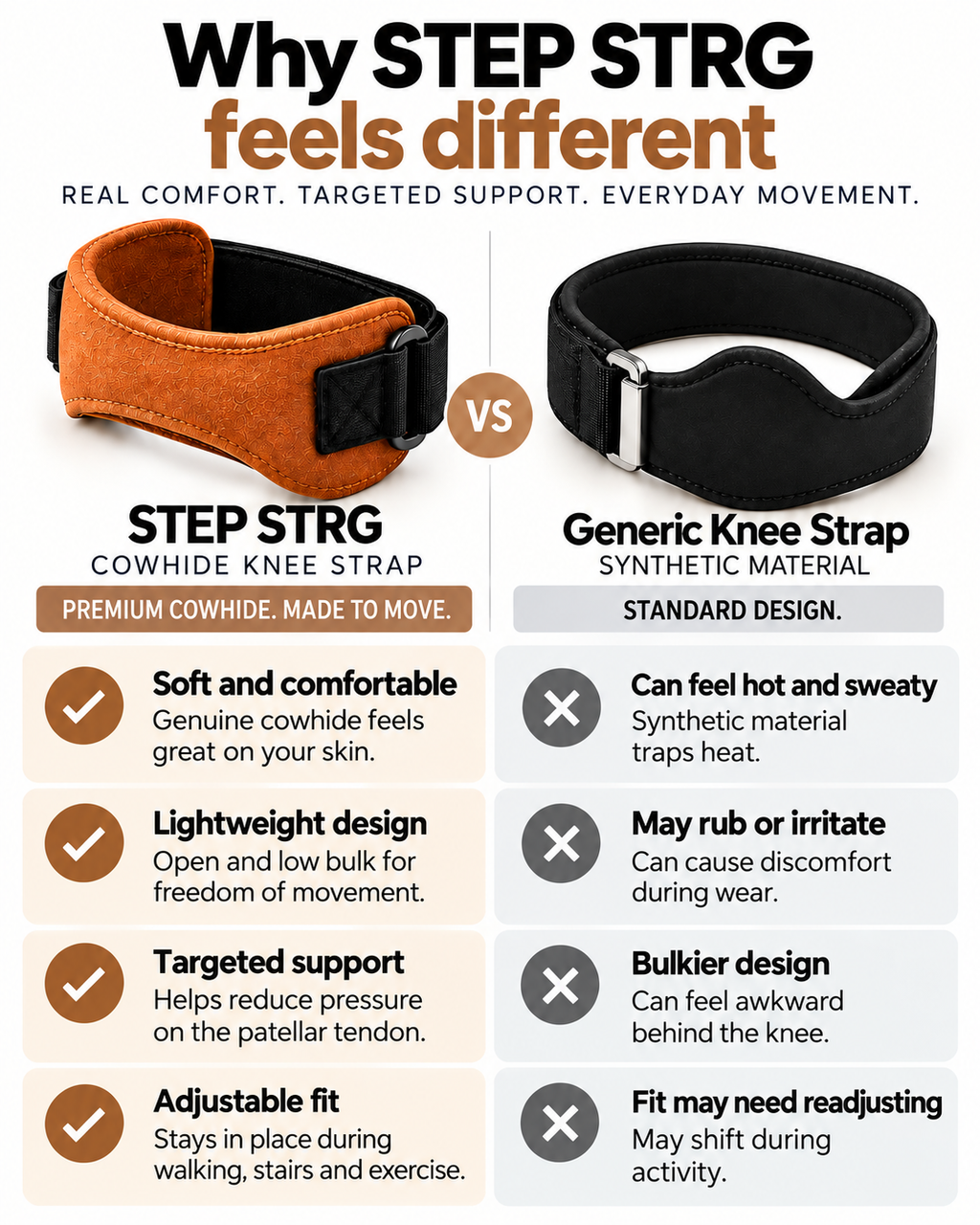 Comparison infographic showing STEP STRG cowhide patella knee strap versus a generic synthetic knee strap, highlighting softer comfort, lower bulk, adjustable fit and more targeted everyday support.