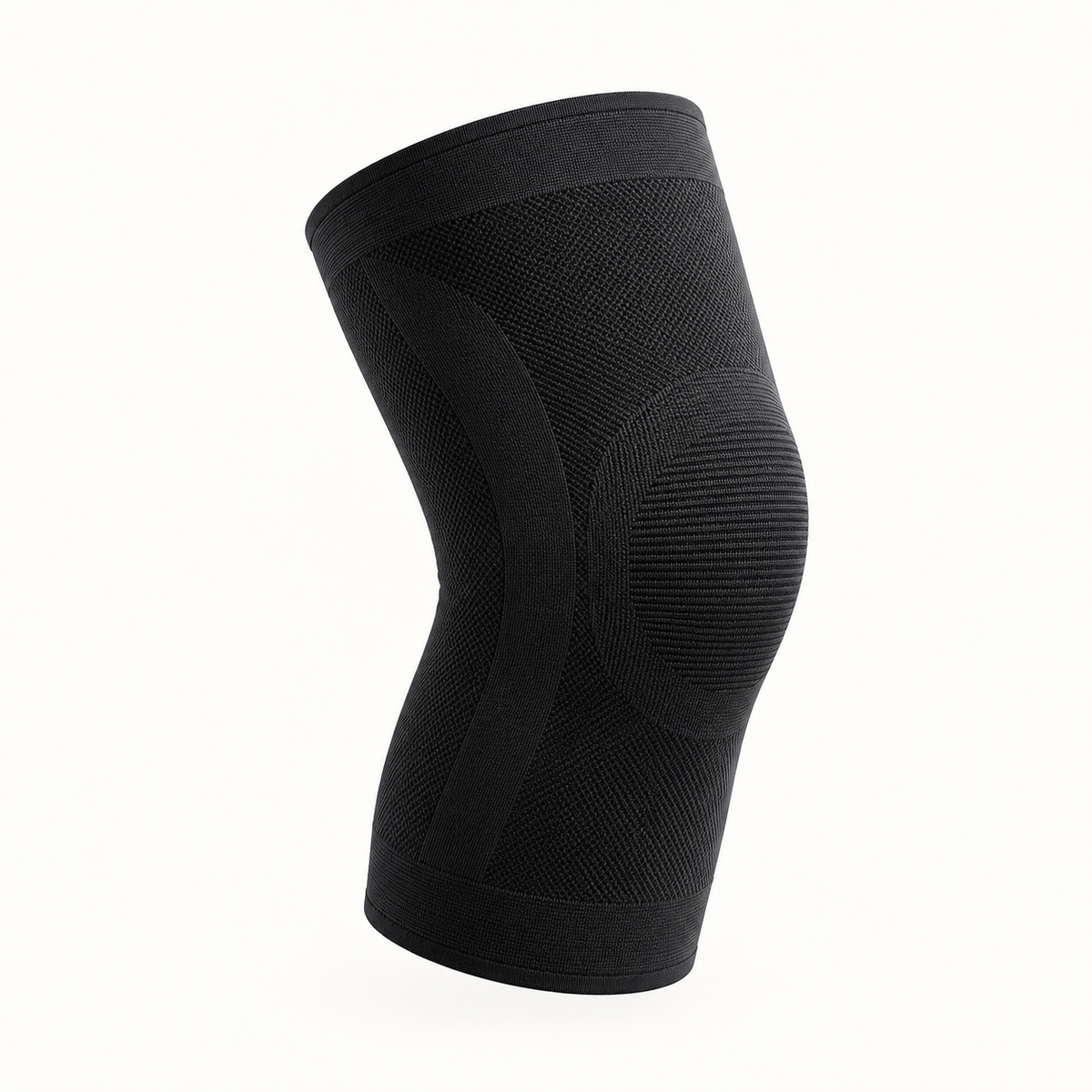 Black full knee compression sleeve used for compression with STEP STRG patella knee strap