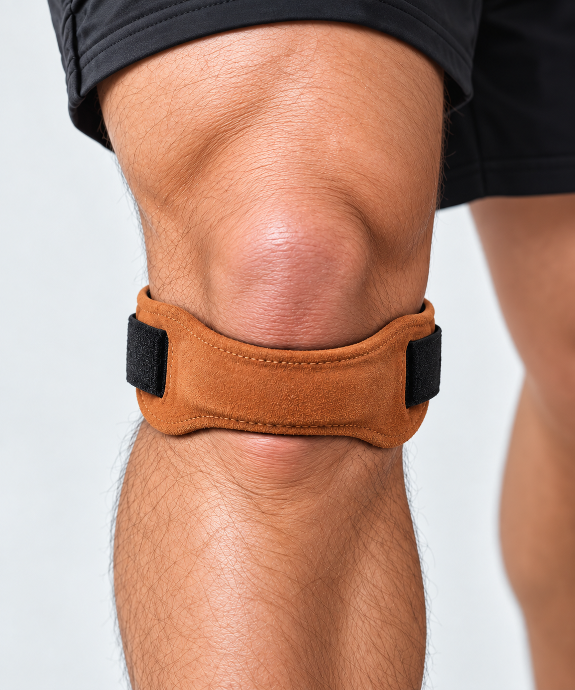 Tan STEP STRG cowhide patella knee support strap being adjusted for a secure and comfortable fit