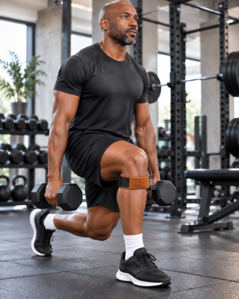 STEP STRG Man exercising with dumbbells wearing a STEP STRG patella knee support strap