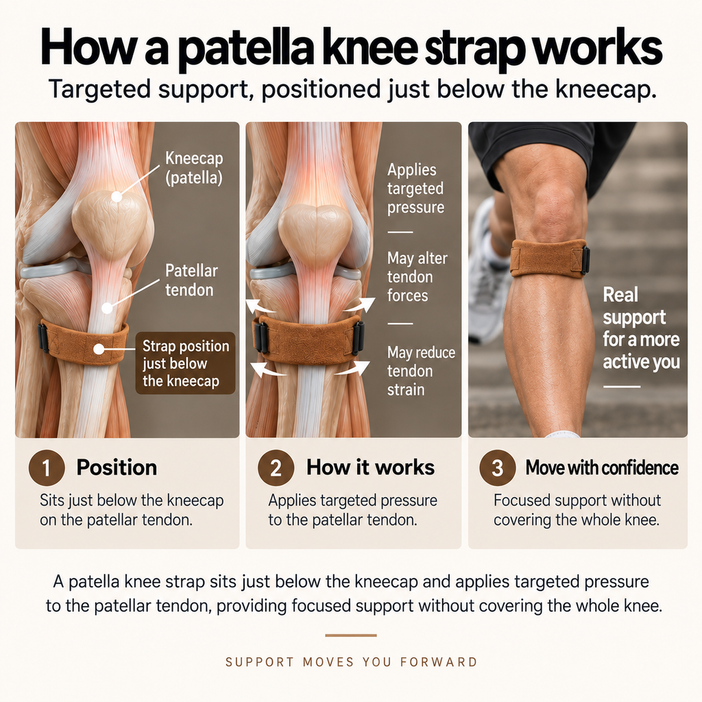 How a patella knee strap works showing placement below the kneecap, targeted pressure on the patellar tendon and STEP STRG support