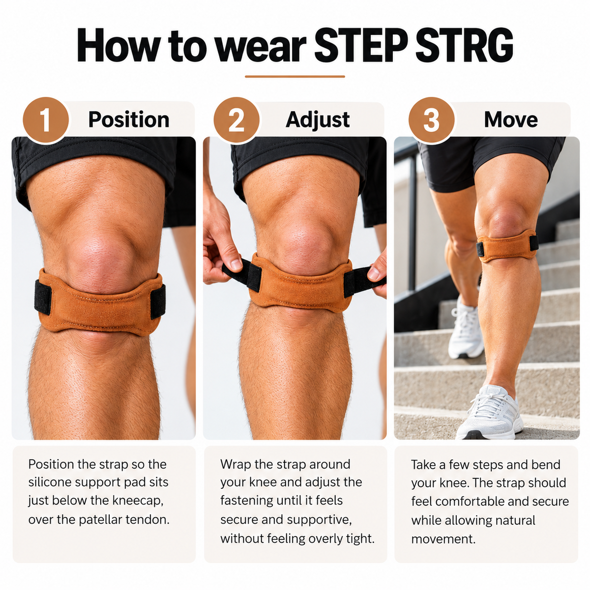 How to wear the STEP STRG patella knee support strap with position, adjust and move instructions