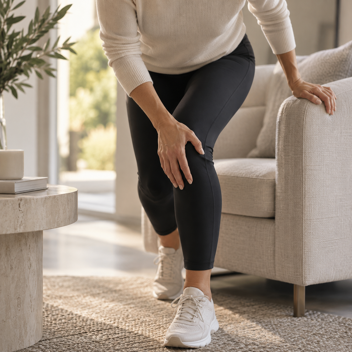 STEP STRG woman getting up from a chair while holding her knee due to discomfort