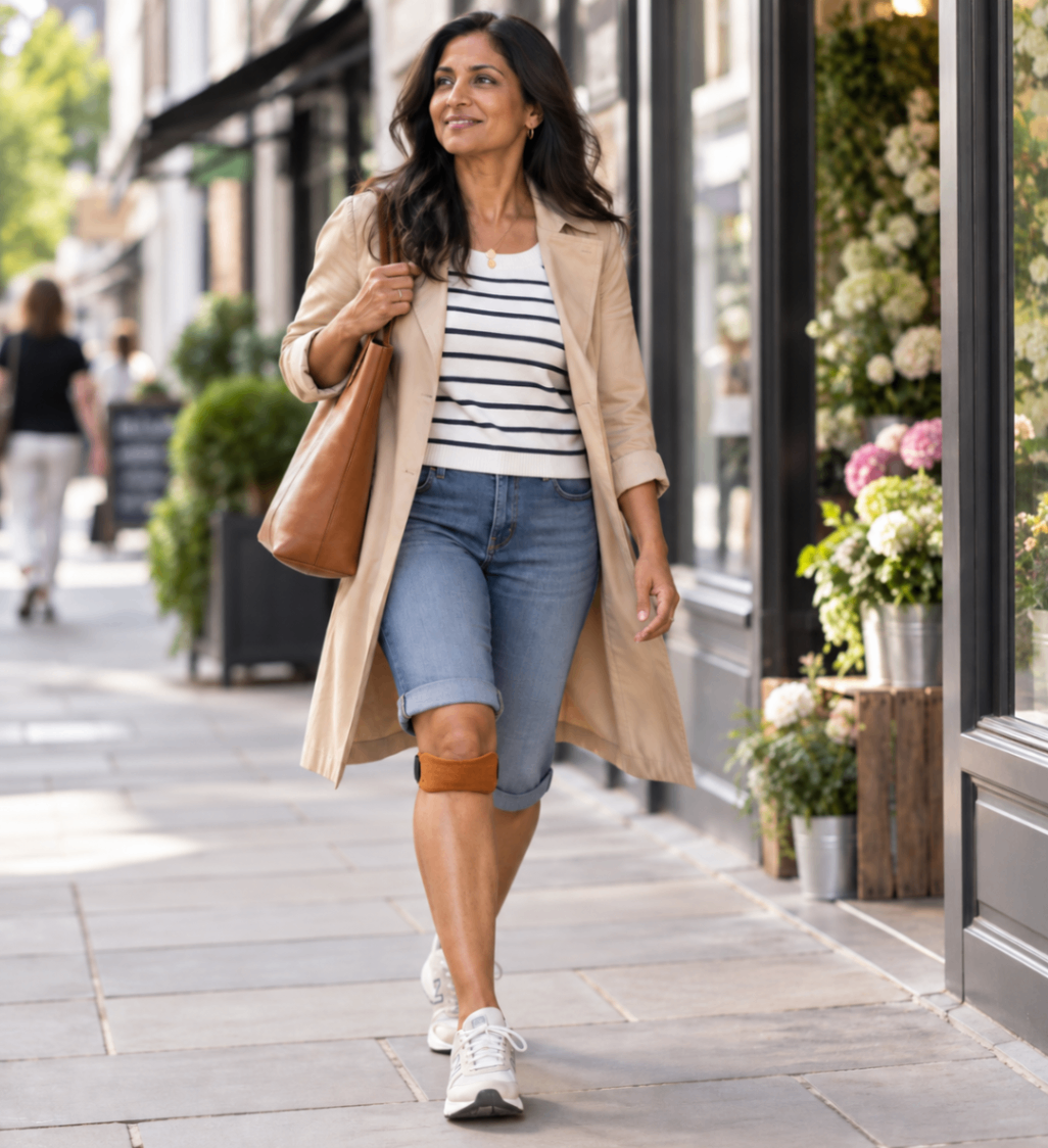 STEP STRG Woman walking and wearing a STEP STRG patella knee support strap for everyday activity