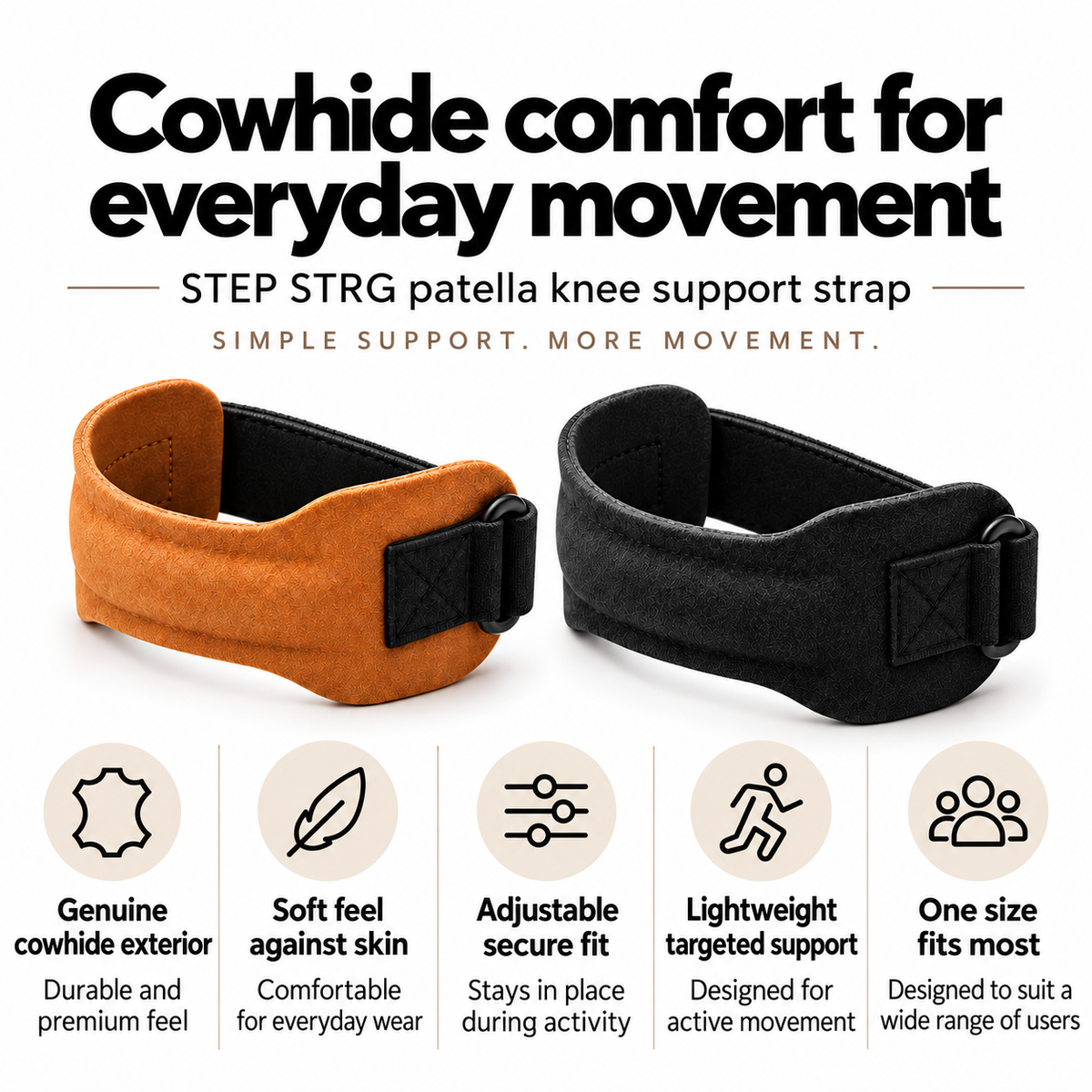STEP STRG cowhide patella knee strap in tan and black showing comfort, adjustable fit and targeted support benefits