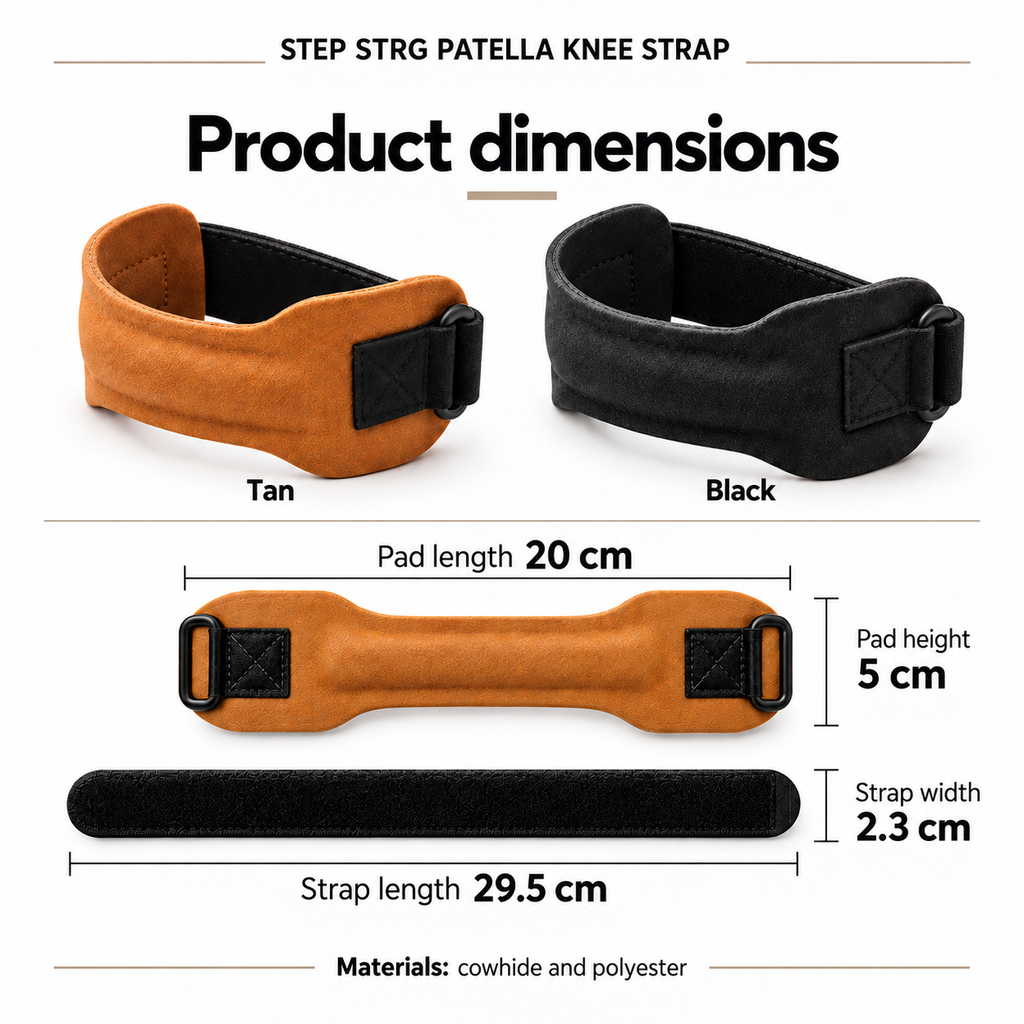 STEP STRG patella knee strap in tan and black showing pad length, pad height, strap length and strap width dimensions