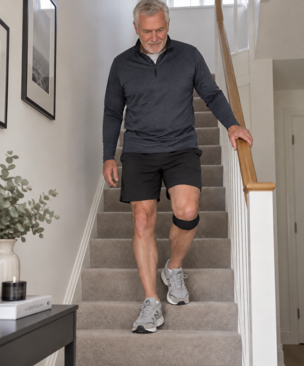 STEP STRG Man walking downstairs wearing a STEP STRG patella knee support strap