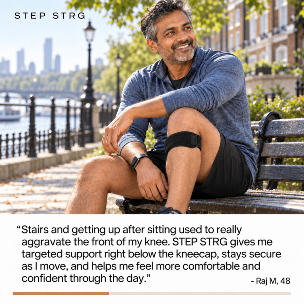 Middle aged man wearing the black STEP STRG patella knee support strap in a UK outdoor setting with a testimonial about reduced knee pain and better support during walking and daily movement
