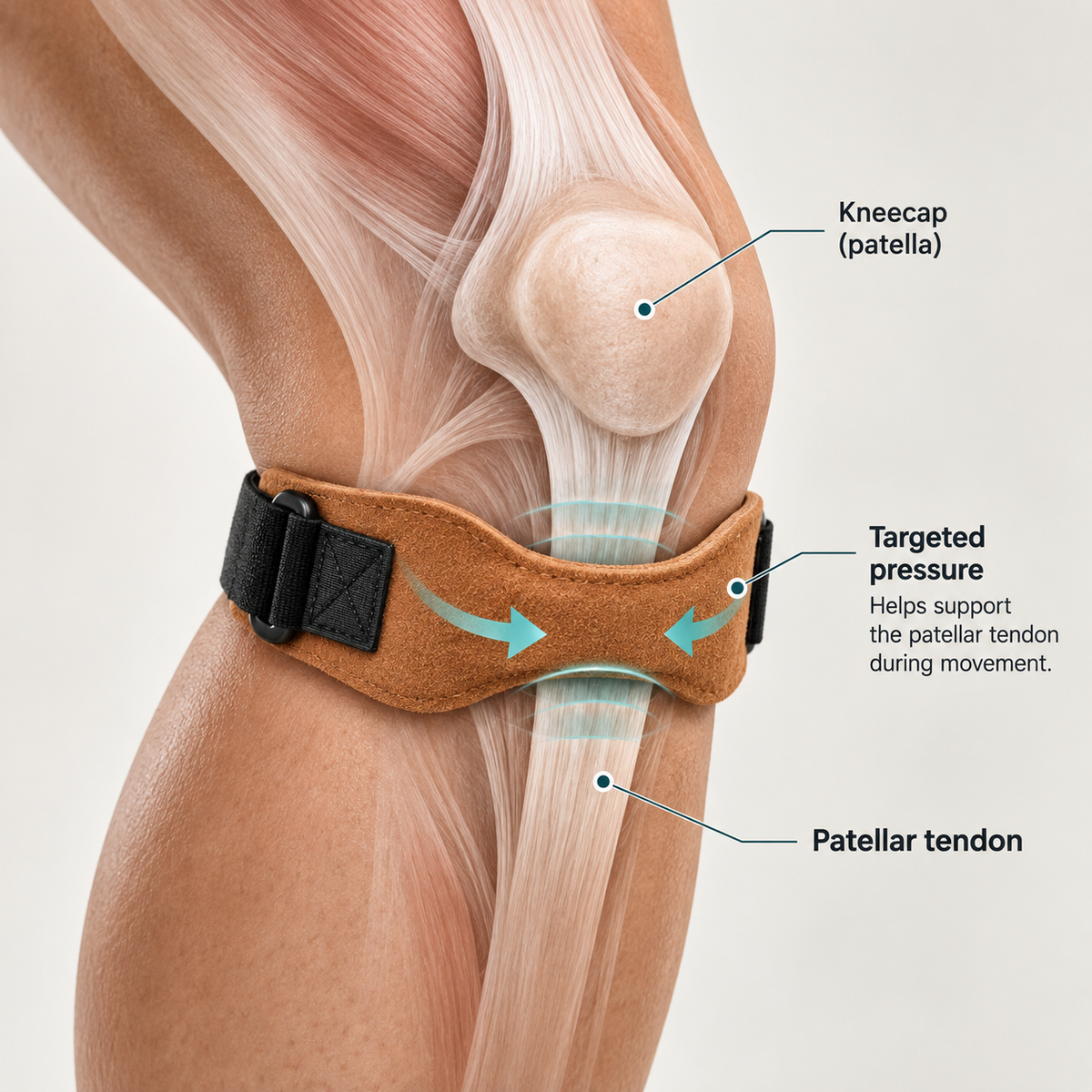 STEP STRG cowhide patella knee support strap showing targeted pressure below the kneecap and support around the patellar tendon