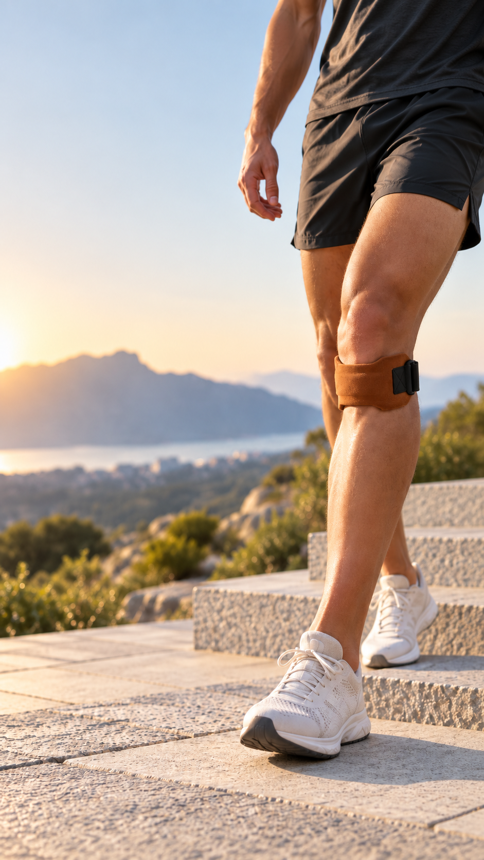 STEP STRG tan cowhide patella knee support strap worn below the kneecap during movement